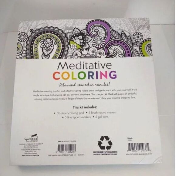 Spicebox Meditative Coloring Kit 50 Coloring Sheets 10 Markers 5 Gel Pens - Picture 3 of 16